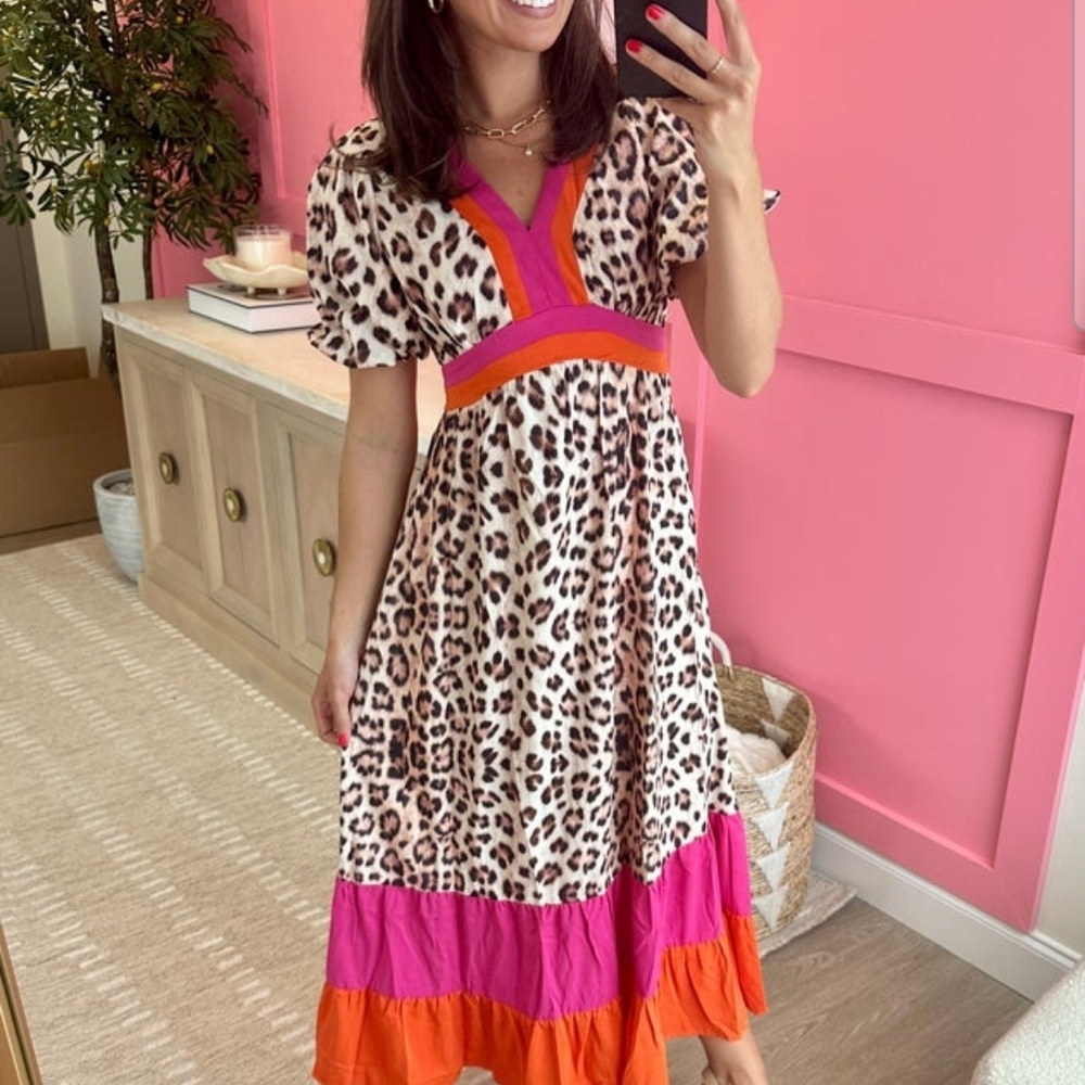 Vibrant Leopard Print Midi Dress with Pink and Orange Details